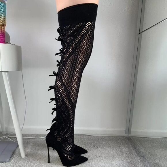 Casadei BOOTS, yes boots, over knee knit , saffron yellow, new, euro sz 35, sz 4 - Picture 2 of 16